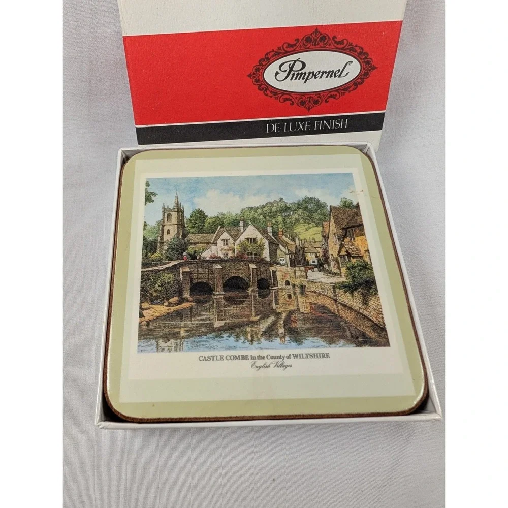 Pimpernel English Villages Coaster Set 6 Square Cork Vintage Excellent Condition
